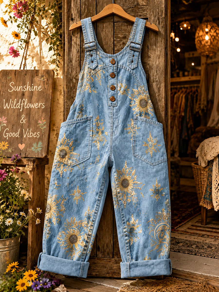 Women's Retro Style Art Print Washed Cotton Denim Patchwork Jumpsuit